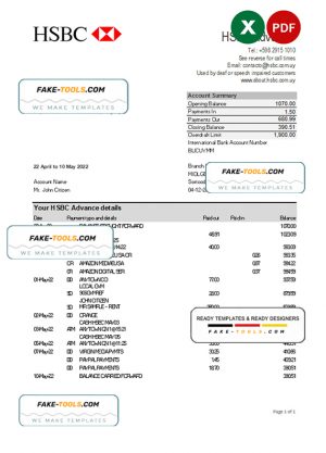 Uruguay HSBC bank statement, Excel and PDF template