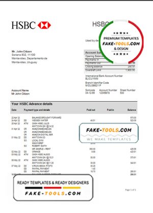 Uruguay HSBC bank statement template in Word and PDF format