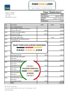 Uruguay Itau Bank statement template in .xls and .pdf file format
