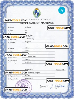 Uruguay marriage certificate PSD template, fully editable