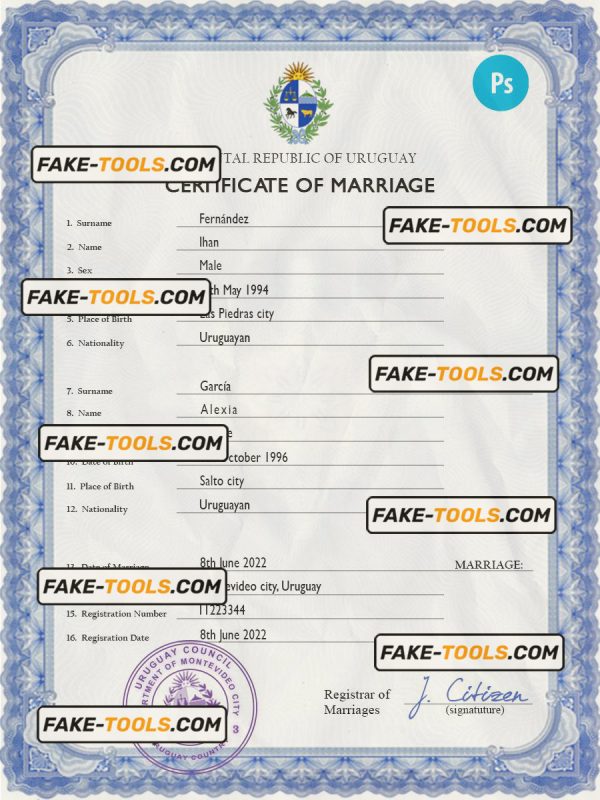 Uruguay marriage certificate PSD template, fully editable