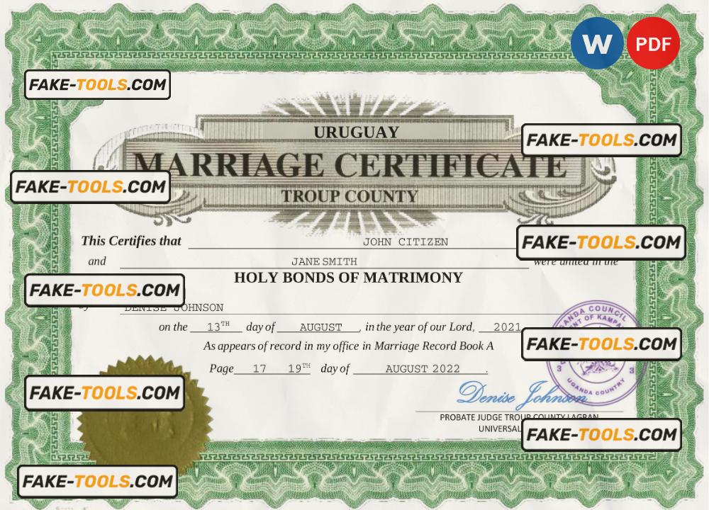 Uruguay marriage certificate Word and PDF template, fully editable scan effect