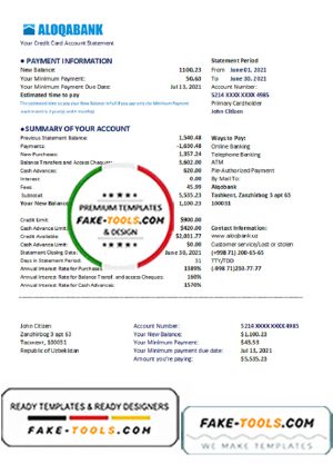 Uzbekistan Aloqabank Bank statement easy to fill template in .xls and .pdf file format
