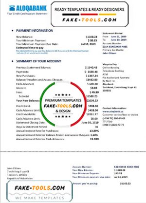 Uzbekistan Aloqabank proof of address statement template in Word and PDF format