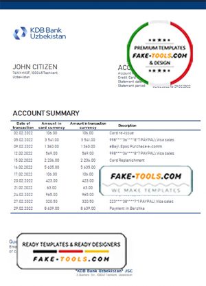 Uzbekistan KDB Bank statement template in Word and PDF format