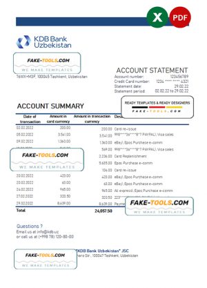 Uzbekistan KDB bank statement, Excel and PDF format