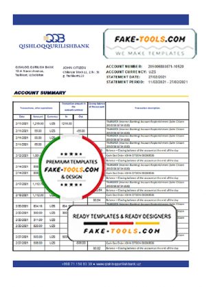 Uzbekistan Qishloq Qurilish Bank statement easy to fill template in Excel and PDF format