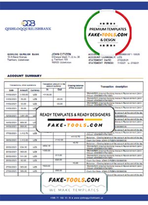 Uzbekistan Qishloq Qurilish Bank statement template in Word and PDF format