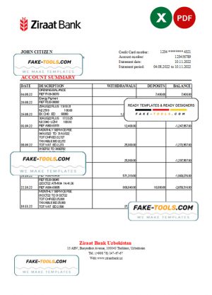 Uzbekistan Ziraat Bank statement, Excel and PDF format