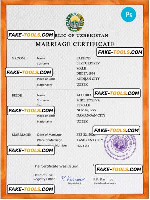 Uzbekistan marriage certificate PSD template, completely editable