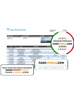 Vanuatu Alpen Baruch Bank statement template in Word and PDF format