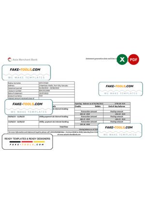 Vanuatu Asia Merchant bank statement, Excel and PDF format