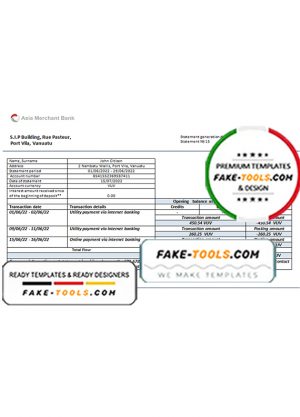 Vanuatu Asia Merchant bank statement template in Word and PDF format