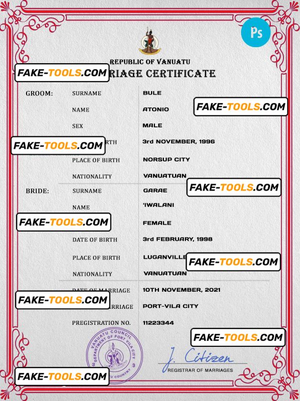 Vanuatu marriage certificate PSD template, fully editable