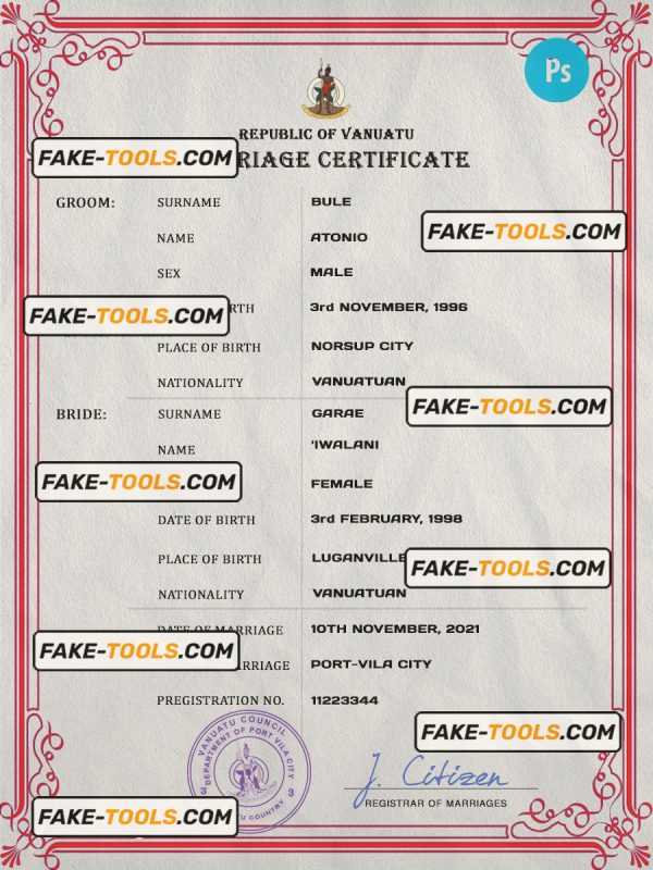 Vanuatu marriage certificate PSD template, fully editable