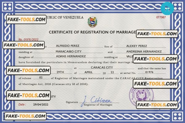 Venezuela marriage certificate PSD template, completely editable
