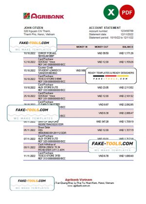 Vietnam Agribank bank statement, Excel and PDF template