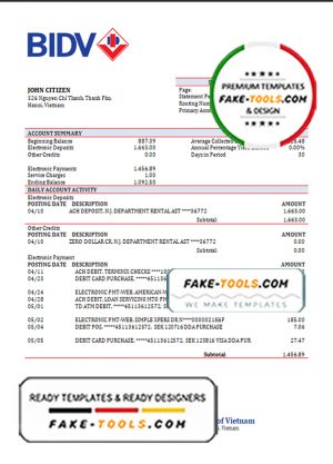 Vietnam BIDV bank statement template in Word and PDF format