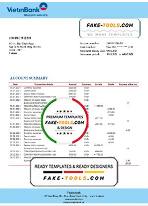 Vietnam Vietinbank bank proof of address statement template in Word and PDF format