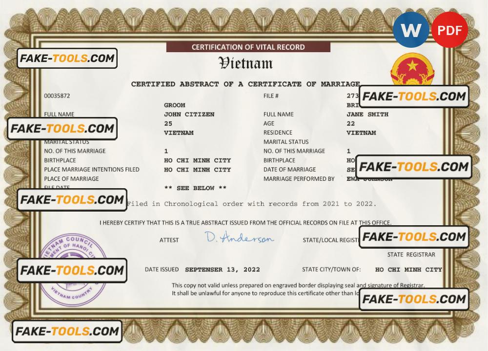 Vietnam marriage certificate Word and PDF template, fully editable scan effect