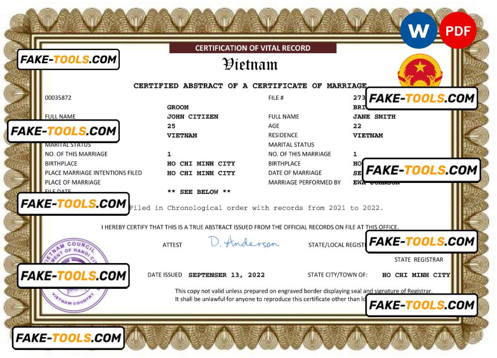 Vietnam marriage certificate Word and PDF template, fully editable