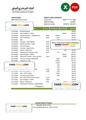 Yemen Central Bank of Yemen bank statement, Excel and PDF template