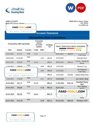 Yemen Housing Bank statement Word and PDF template