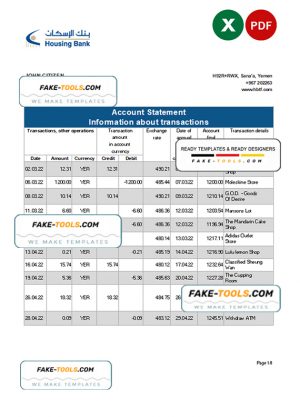 Yemen Housing bank statement, Excel and PDF template