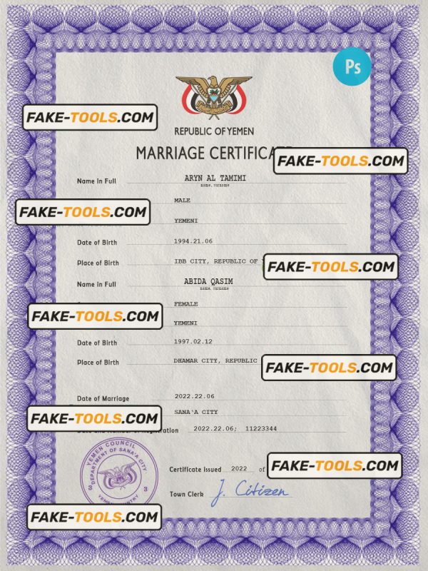 Yemen marriage certificate PSD template, completely editable
