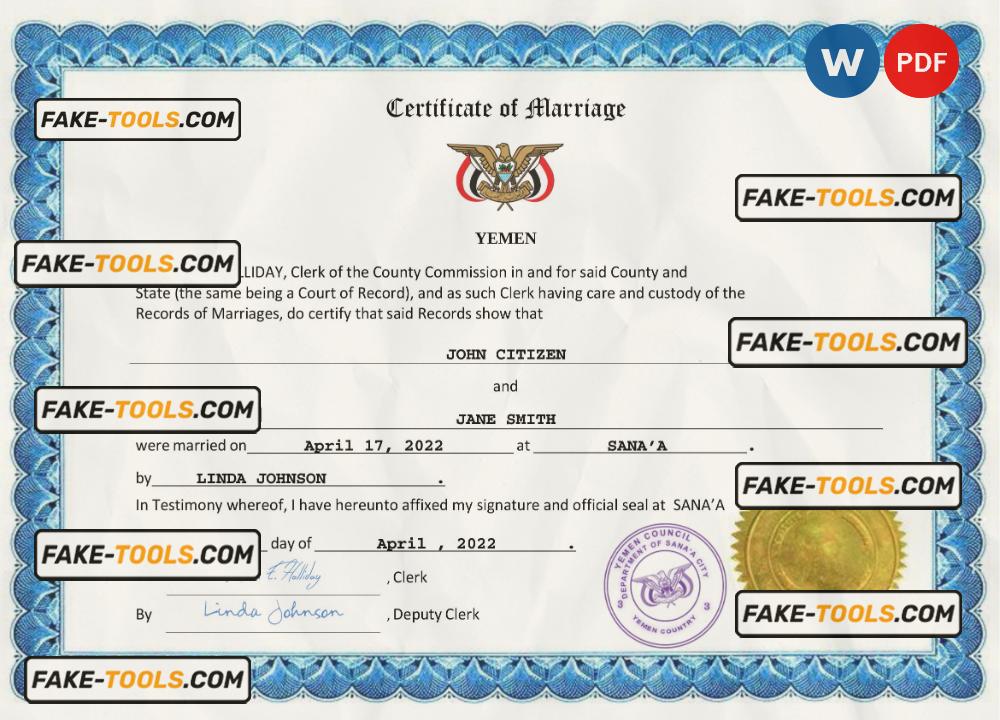 Yemen marriage certificate Word and PDF template, completely editable scan effect