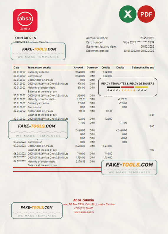 Zambia Absa bank statement, Excel and PDF template scan effect