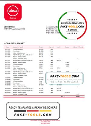 Zambia Absa bank statement template in Word and PDF format