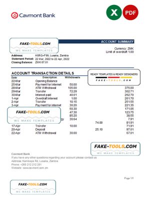 Zambia Cavmont bank statement, Excel and PDF template