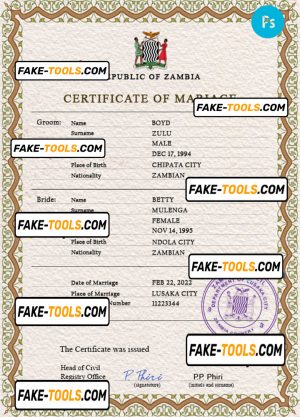 Zambia marriage certificate PSD template, fully editable