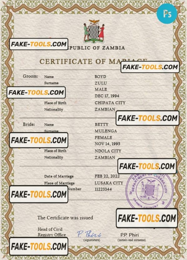 Zambia marriage certificate PSD template, fully editable