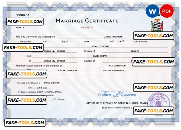 Zambia marriage certificate Word and PDF template, fully editable