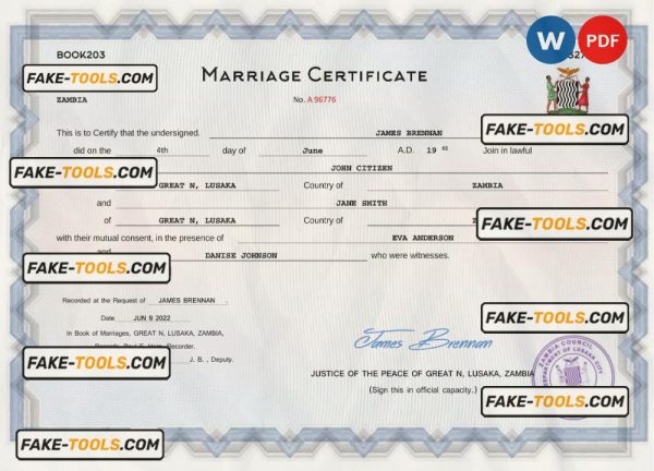 Zambia marriage certificate Word and PDF template, fully editable scan effect