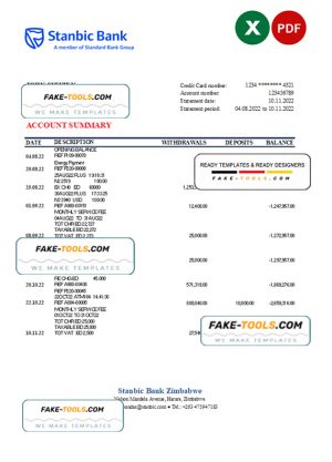 Zimbabwe Stanbic bank statement, Excel and PDF template