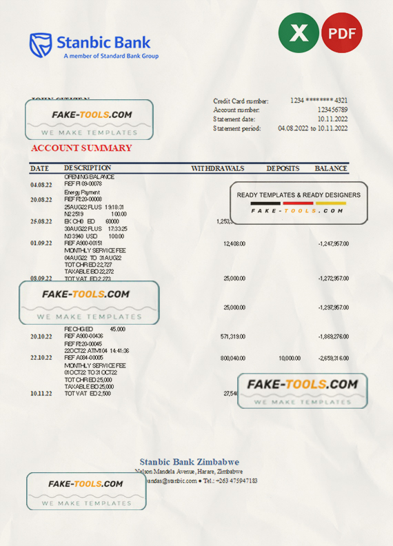 Zimbabwe Stanbic bank statement, Excel and PDF template scan effect