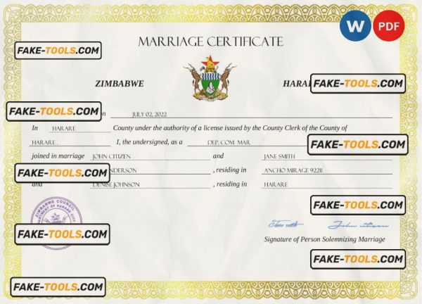 Zimbabwe marriage certificate Word and PDF template, completely editable scan effect