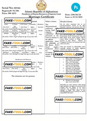 AFGHANISTAN marriage certificate PSD template, with fonts