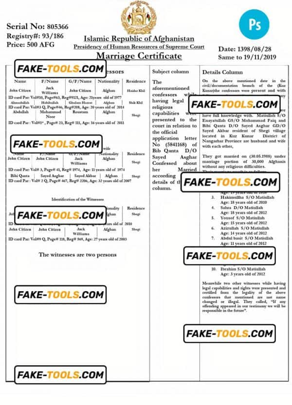 AFGHANISTAN marriage certificate PSD template, with fonts