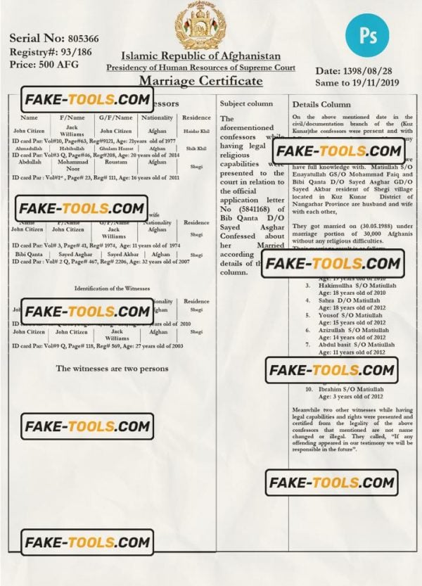 AFGHANISTAN marriage certificate PSD template, with fonts