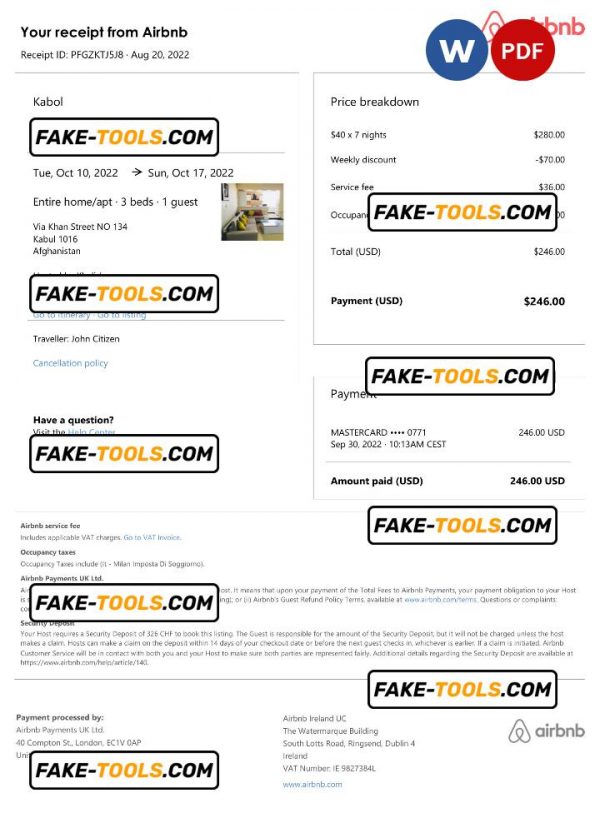 Afghanistan Airbnb booking confirmation Word and PDF template