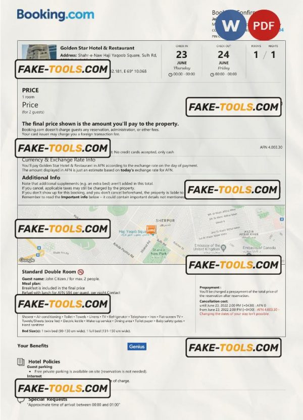 Afghanistan hotel booking confirmation Word and PDF template, 2 pages scan effect