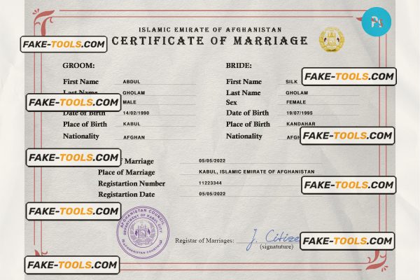 Afghanistan marriage certificate PSD template, fully editable