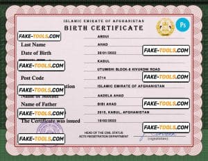 Afghanistan vital record birth certificate PSD template, completely editable