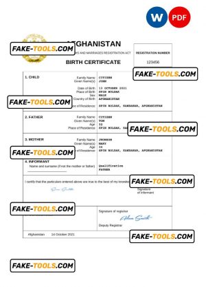 Afghanistan vital record birth certificate Word and PDF template, fully editable