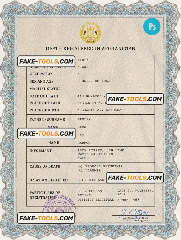Afghanistan vital record death certificate PSD template