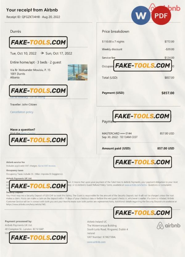 Albania Airbnb booking confirmation Word and PDF template scan effect